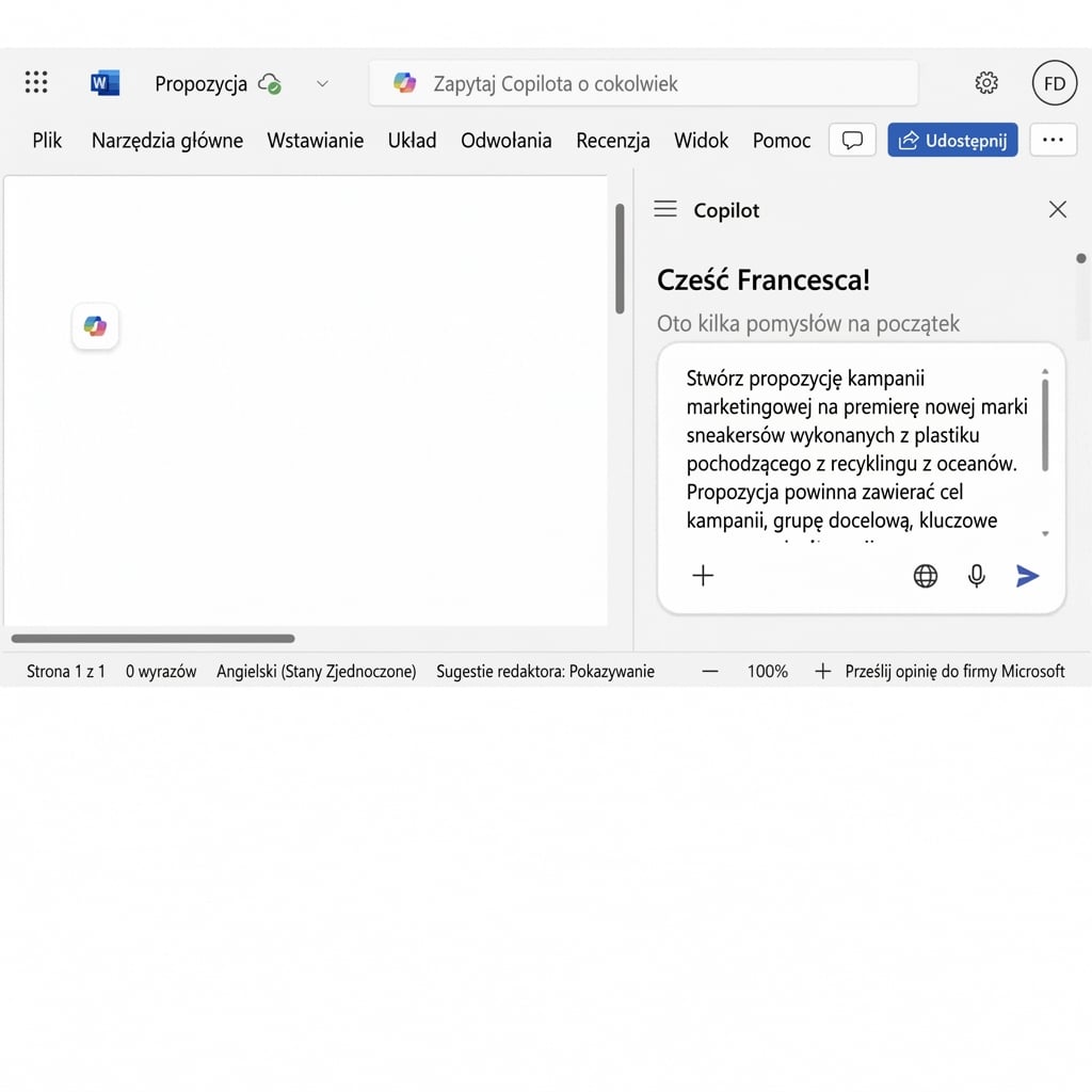 Otwarte okno czatu Copilota z pytaniem „utwórz propozycję projektu dla nowej kampanii marketingowej".