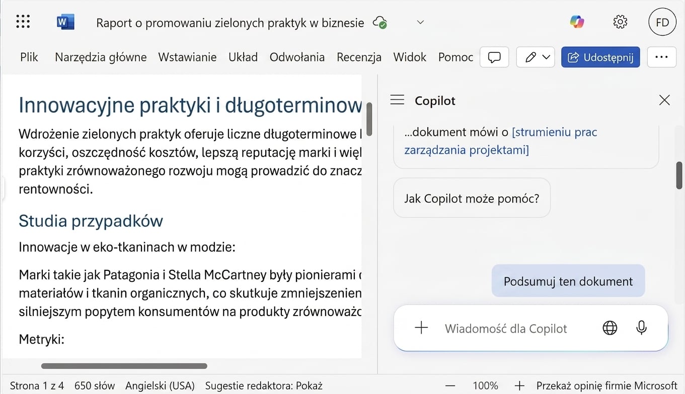 Zrzut ekranu otwartego dokumentu Word z otwartym czatem Copilota, w którym użytkownik prosi o podsumowanie dokumentu.