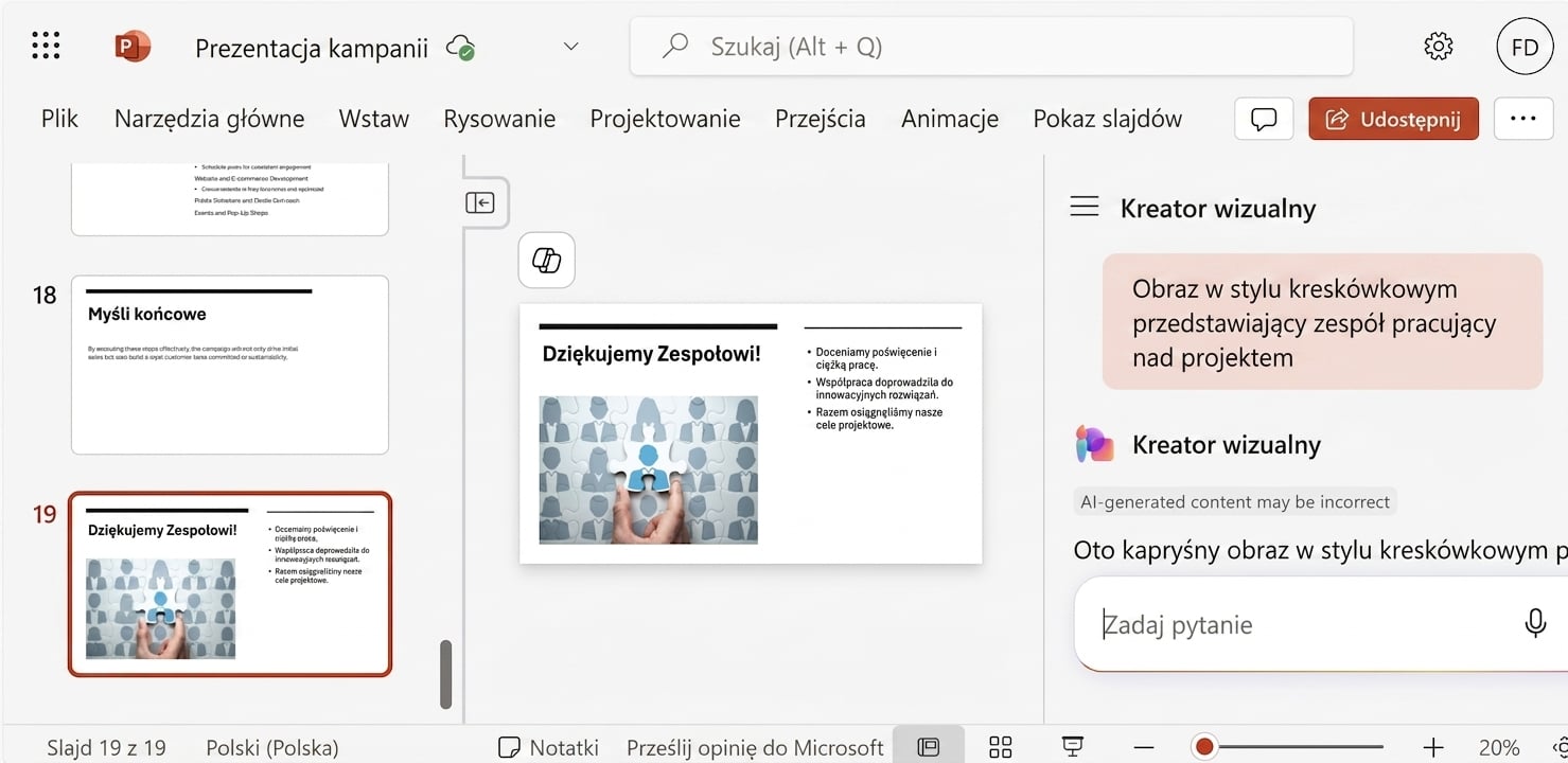 Zrzut ekranu slajdu PowerPoint z otwartym czatem Copilot, w którym użytkownik prosi o uporządkowanie slajdów.