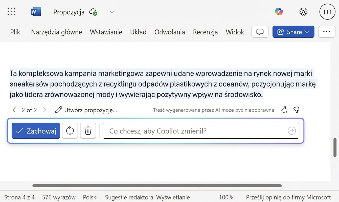 Otwarte okno czatu Copilota z opcją zachowania wersji roboczej lub zadania kolejnych pytań.