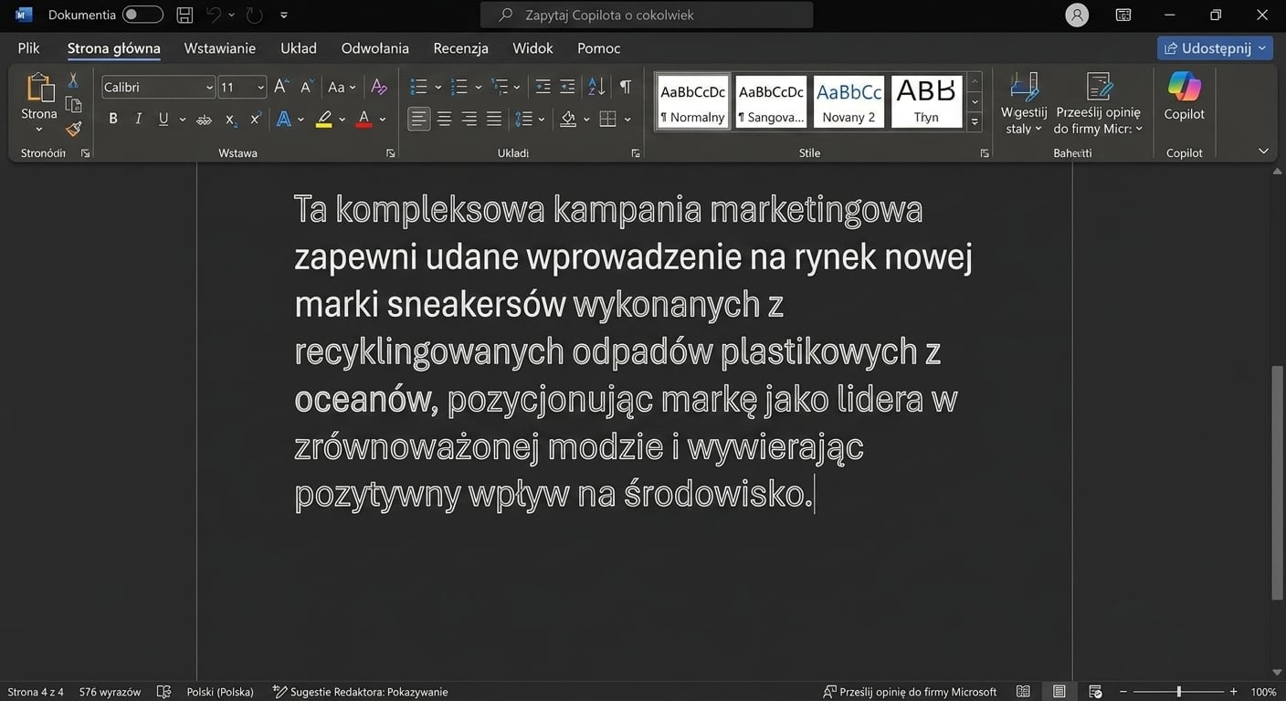 Akapit do zmiany w dokumencie z różnymi opcjami sugerowanymi przez Copilota