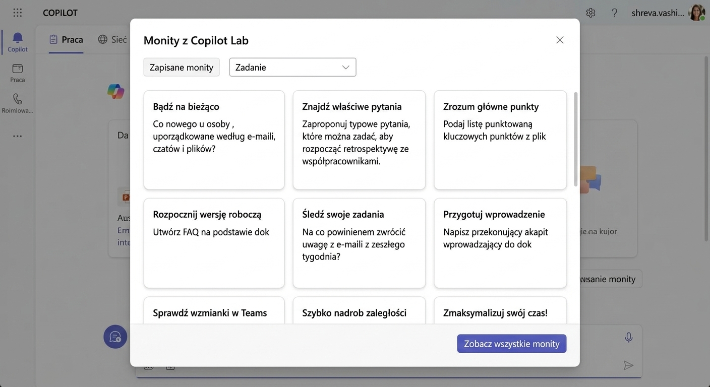 Zestaw sugerowanych promptów z Copilot Lab.