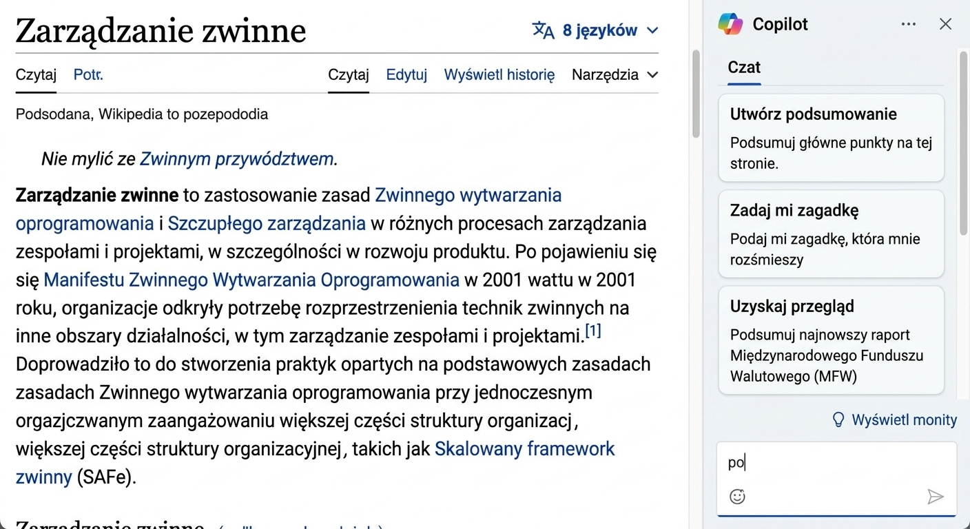 Copilot podsumowuje stronę internetową