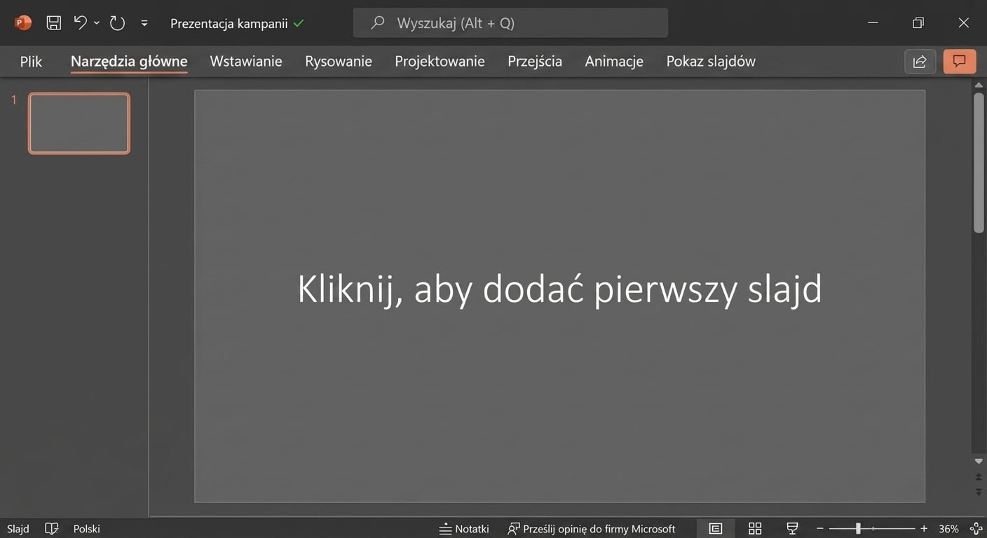 Zrzut ekranu pustego dokumentu PowerPoint.