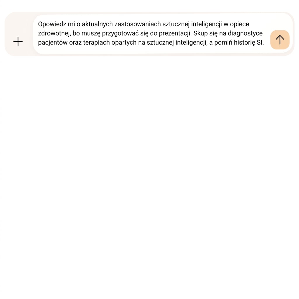 Tekst wskazuje, by skupić się na diagnostyce pacjentów i leczeniu opartym na AI oraz pominąć historię AI