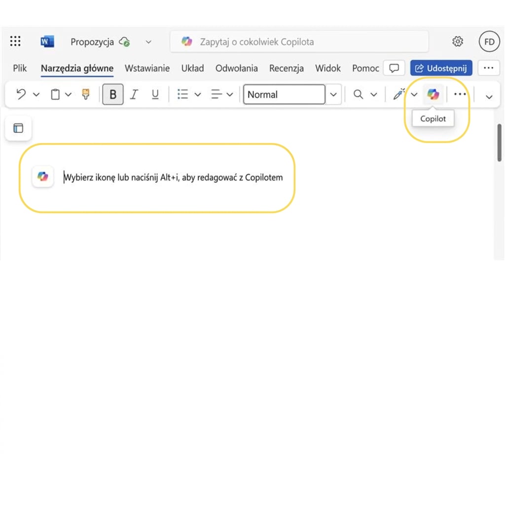Zrzut ekranu pustego dokumentu w programie Word z wyróżnionym komunikatem „naciśnij ALT+I, aby utworzyć wersję roboczą z Copilotem" oraz ikoną Copilota