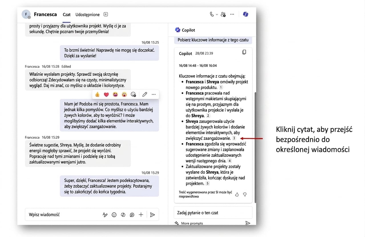 Zrzut ekranu czatu Microsoft Teams z otwartym panelem bocznym z odpowiedzią Copilota i czerwoną strzałką wskazującą odnośnik do oryginalnej wiadomości.
