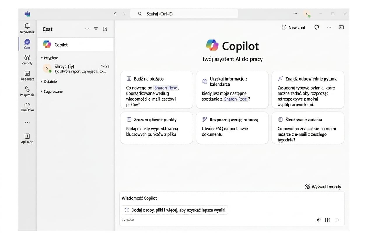 Zrzut ekranu Microsoft Teams z otwartym czatem Copilota.