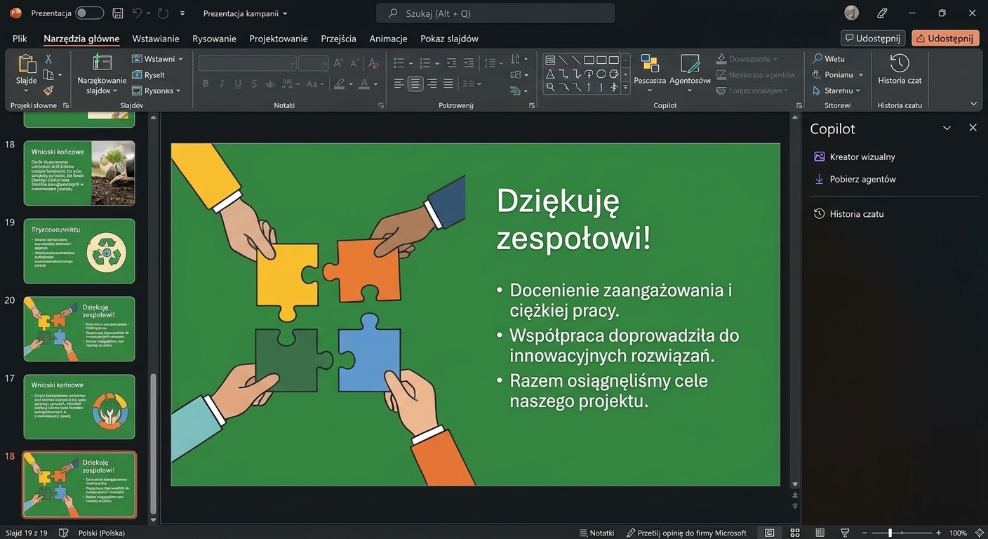 Zrzut ekranu slajdu PowerPoint z otwartym czatem Copilot, w którym użytkownik prosi o uporządkowanie slajdów.
