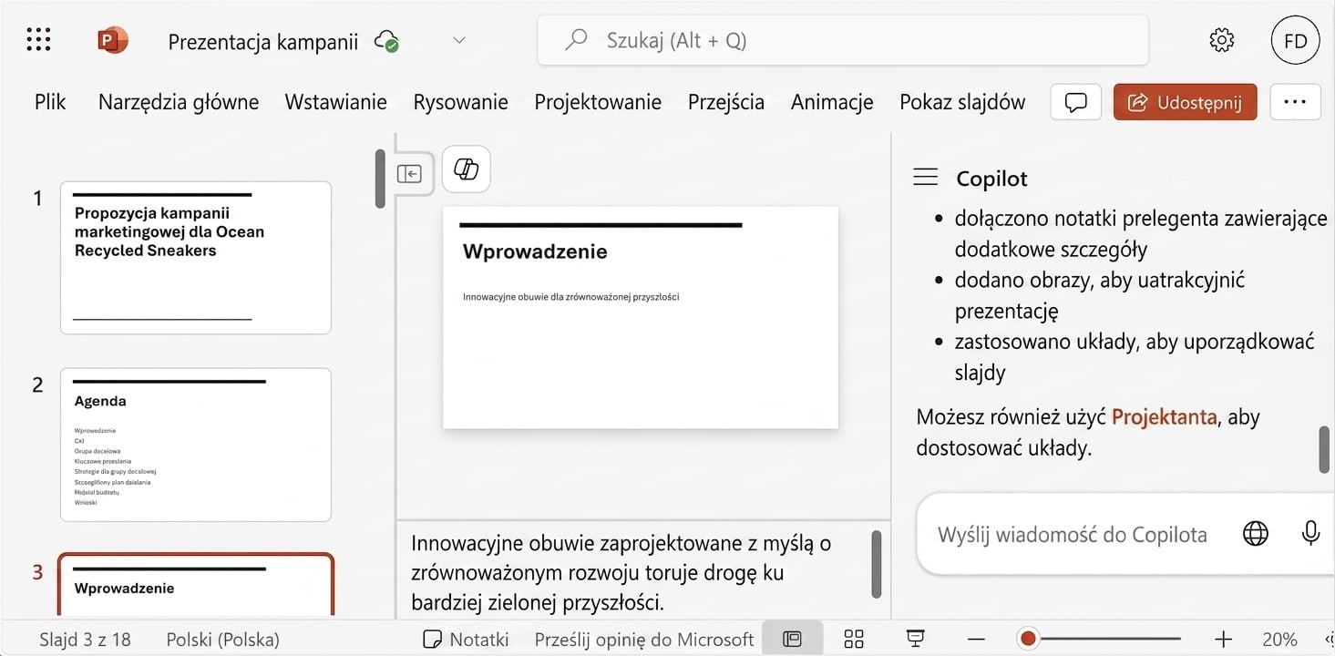 Demonstracja tworzenia prezentacji przez Copilot na podstawie istniejącego pliku.