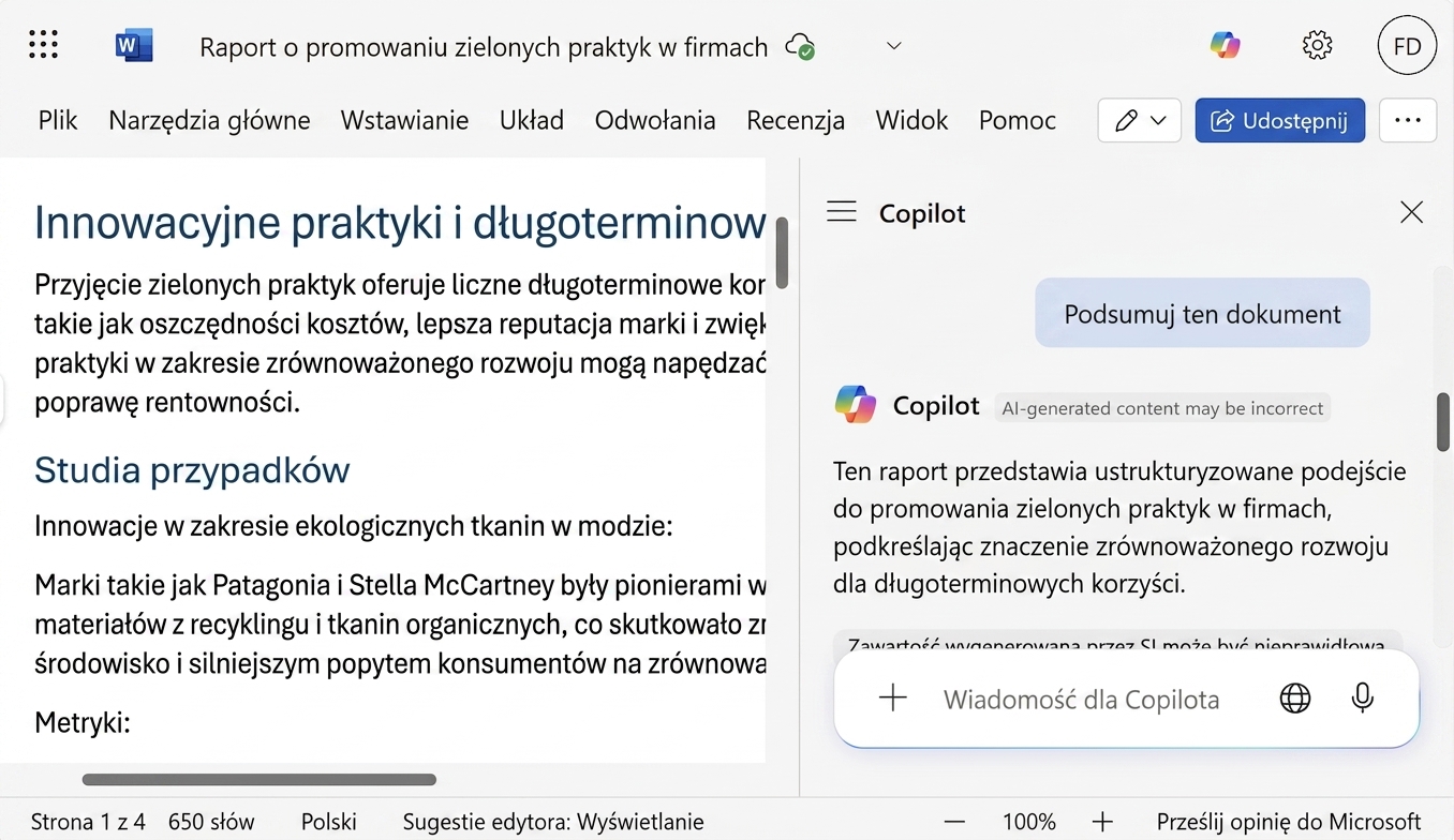 Zrzut ekranu otwartego dokumentu Word z otwartym czatem Copilota zawierającym podsumowanie dokumentu.