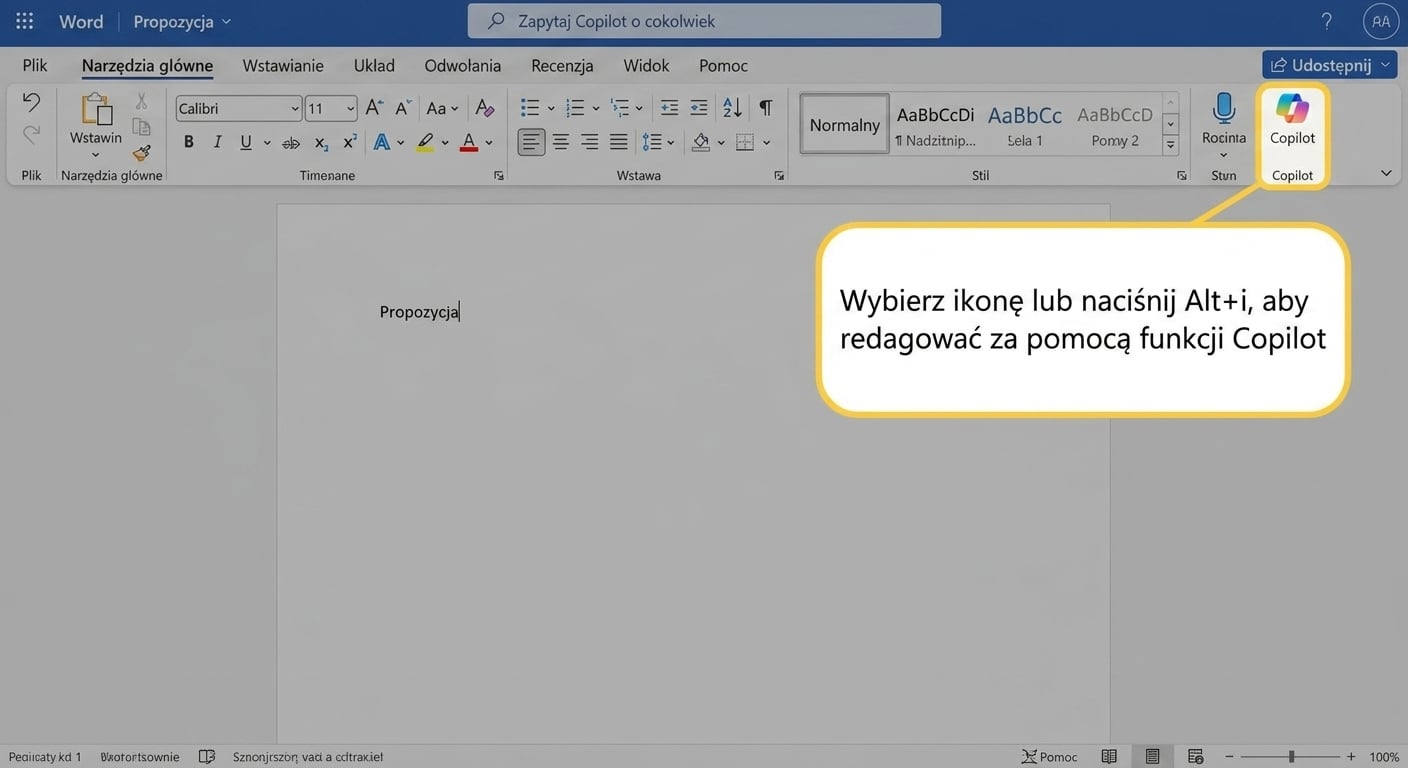 Zrzut ekranu pustego dokumentu w programie Word z wyróżnionym komunikatem „naciśnij ALT+I, aby utworzyć wersję roboczą z Copilotem"