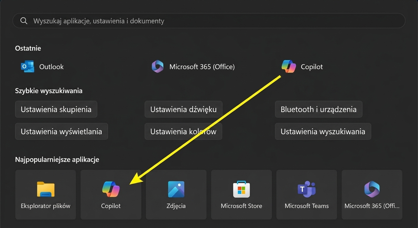 Pasek wyszukiwania Windows ze strzałkami wskazującymi ikony Copilota