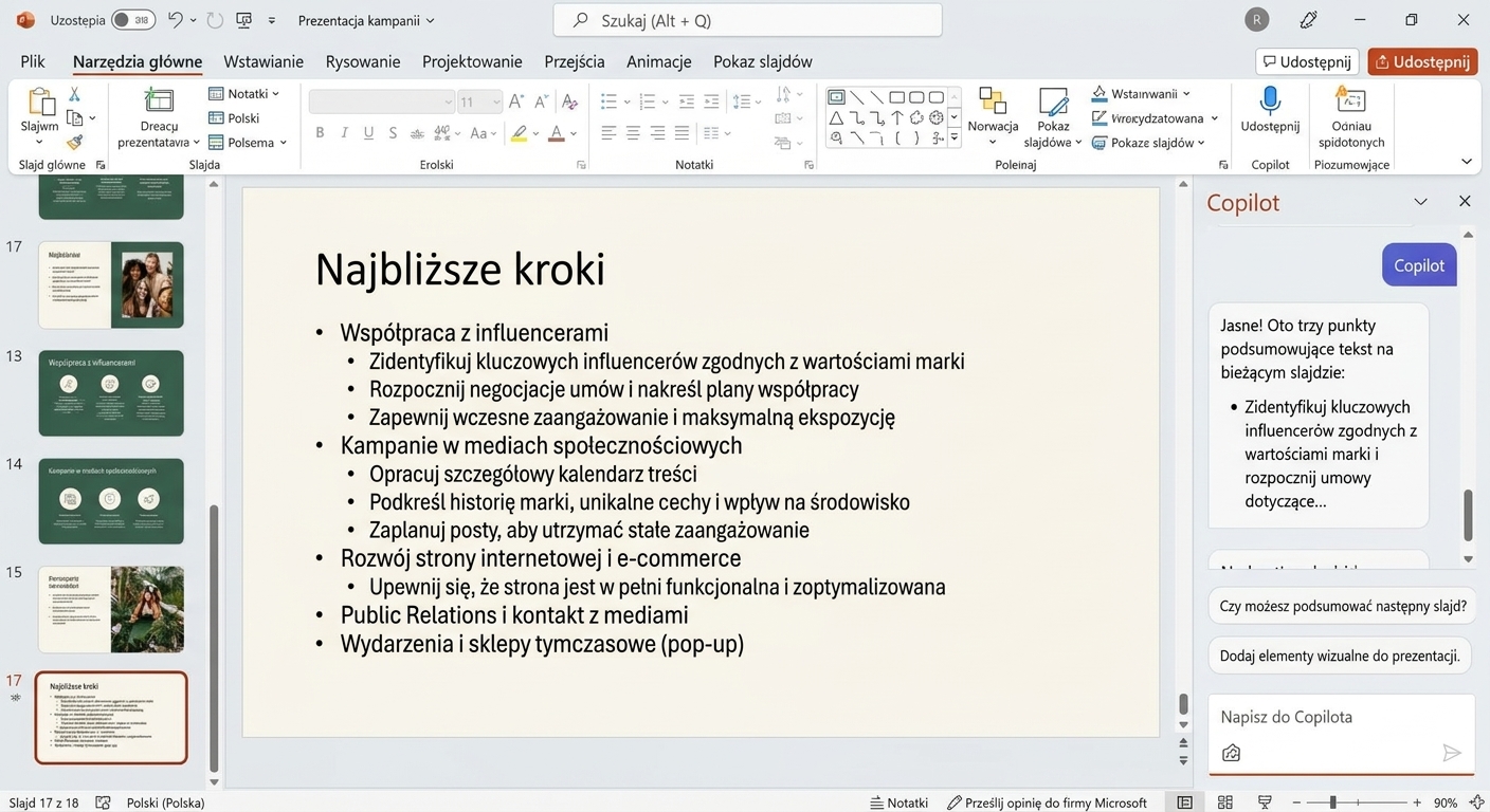 Zrzut ekranu slajdu PowerPoint z otwartym czatem Copilot przedstawiającym rozmowę z użytkownikiem.