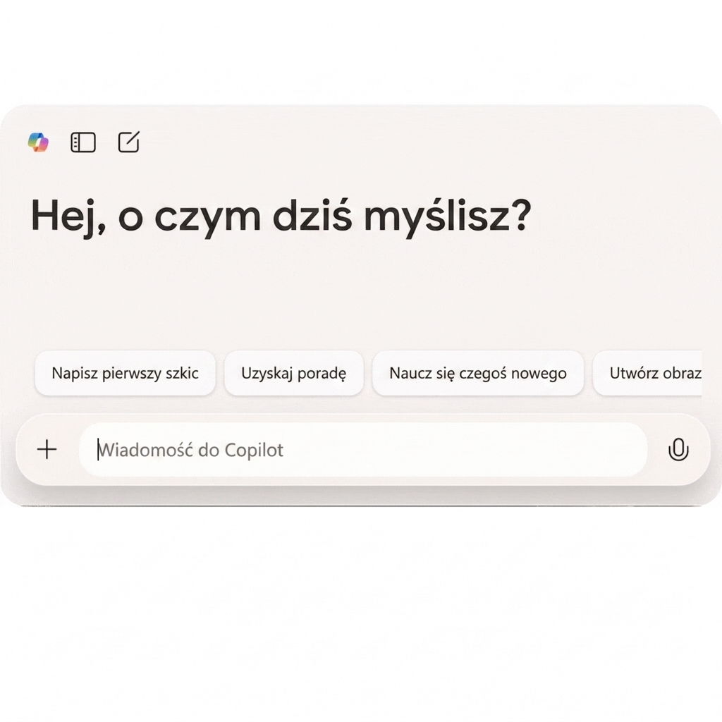 GIF interfejsu Copilota z tekstem "What is Microsoft Copilot?" i odpowiedzią.