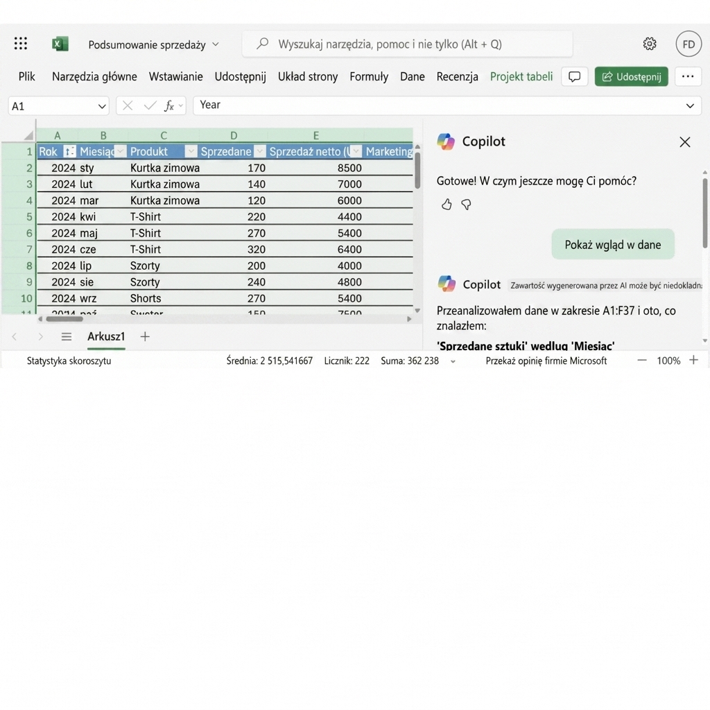 Otwarty dokument Excel z wykresami utworzonymi przy użyciu Copilot.