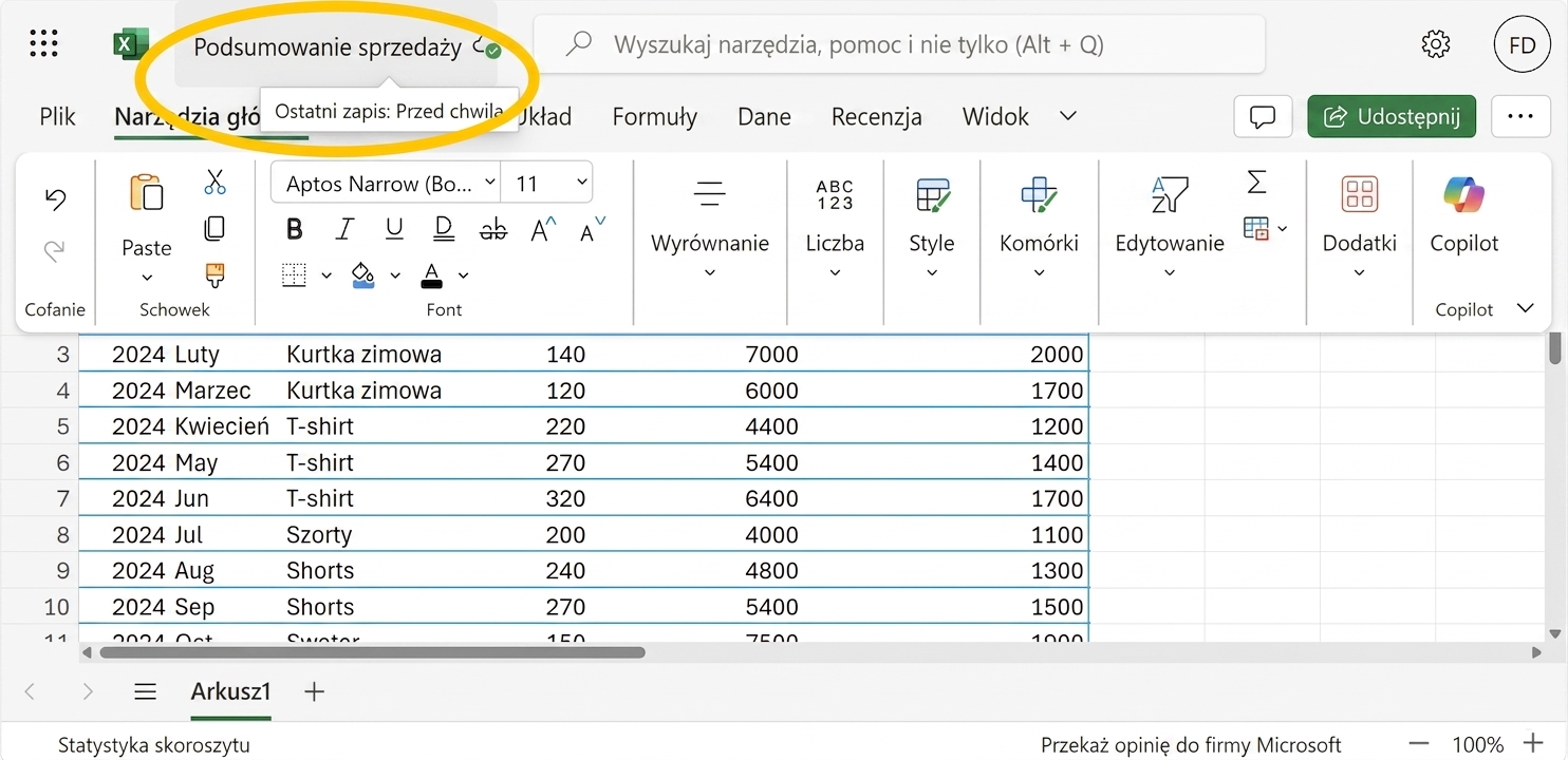 Zrzut ekranu arkusza Excel z wyróżnionym automatycznym zapisem.