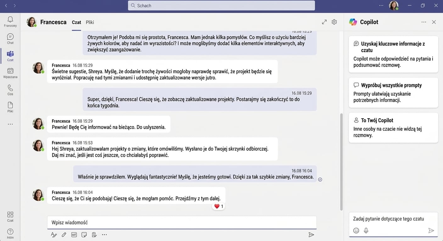 Zrzut ekranu Microsoft Teams z otwartym czatem Copilota i podświetloną ikoną Copilota w lewym górnym rogu.