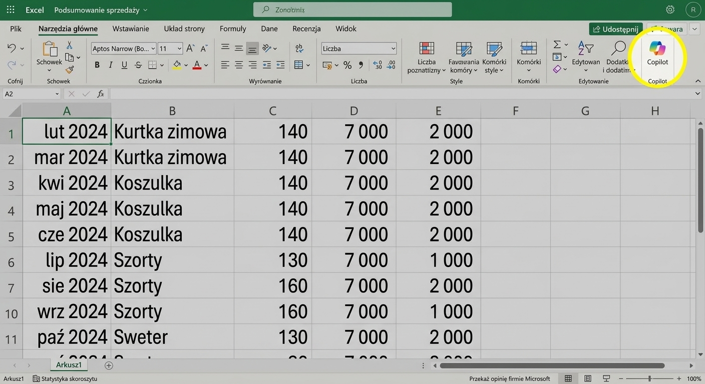 Zrzut ekranu arkusza Excel z wyróżnioną ikoną Copilot.