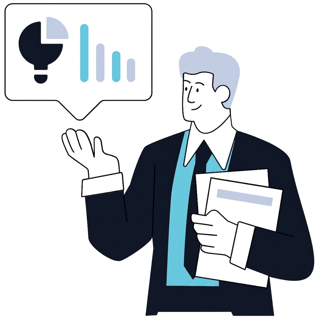 Ilustracja osoby z dokumentami i wykresem, reprezentująca analityka finansowego