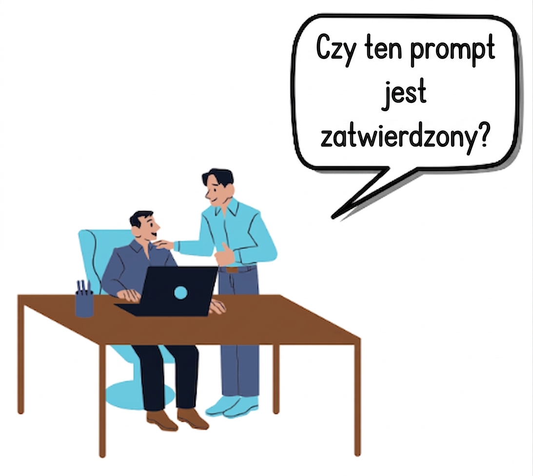 Dwie osoby przy biurku z laptopem – jedna pyta, czy prompt jest zatwierdzony