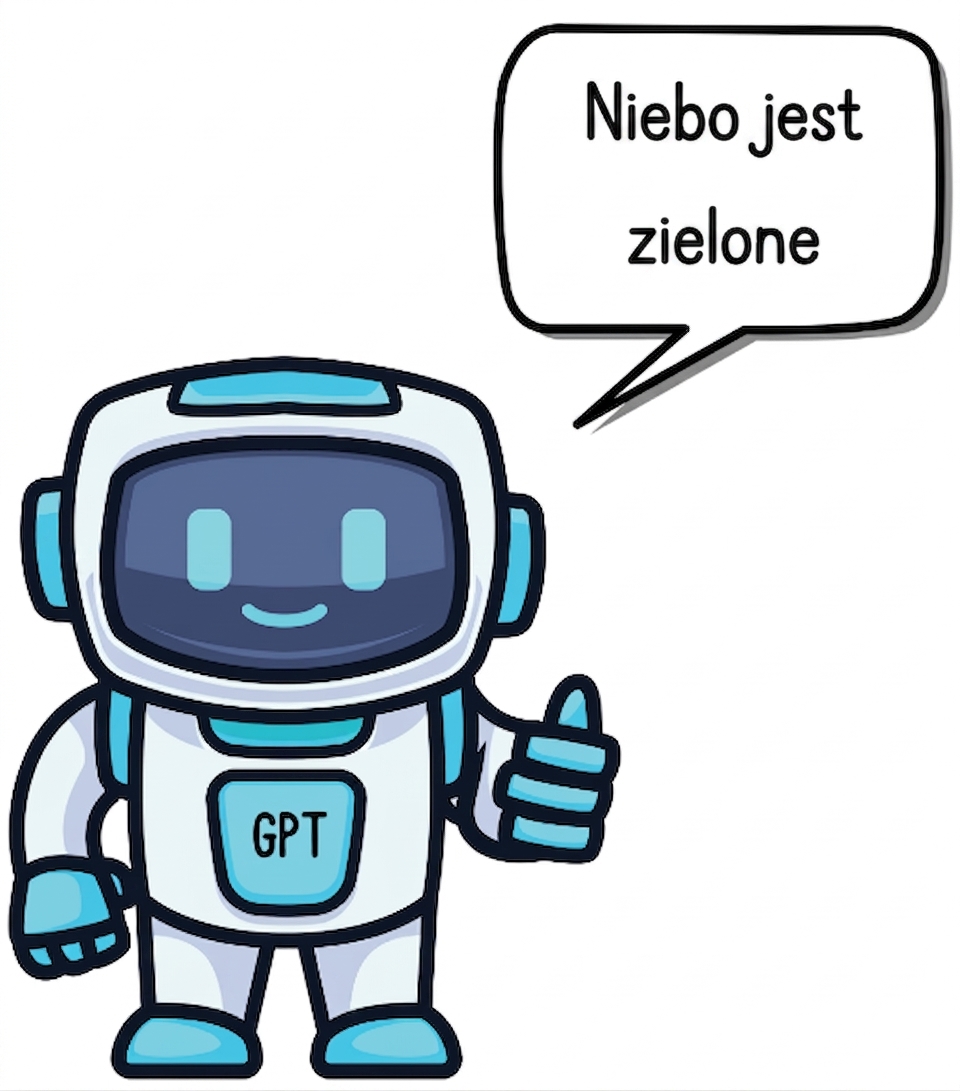 Robot GPT podający błędną odpowiedź, że niebo jest zielone