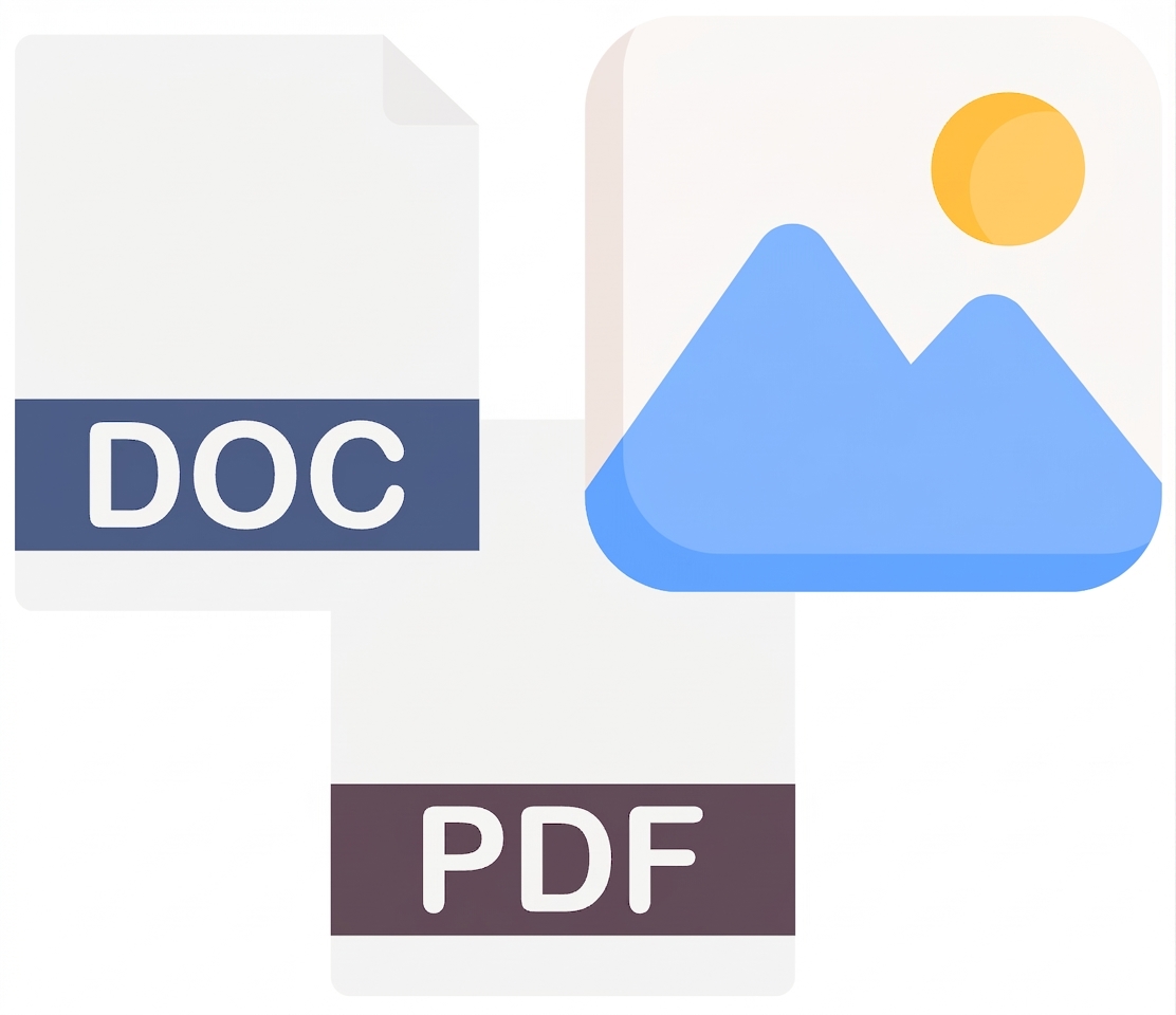 Ikony dokumentu, pliku PDF i obrazu.