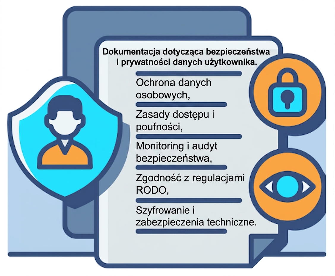 Ilustracja dokumentu z ikonami, m.in. kłódką i okiem, reprezentującymi kwestie do rozważenia