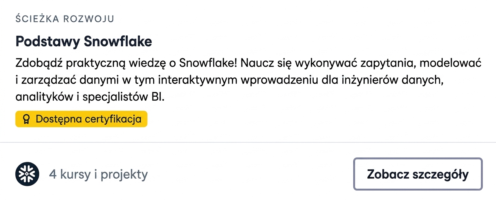 Zrzut ekranu ścieżki umiejętności Snowflake Foundations na DataCamp
