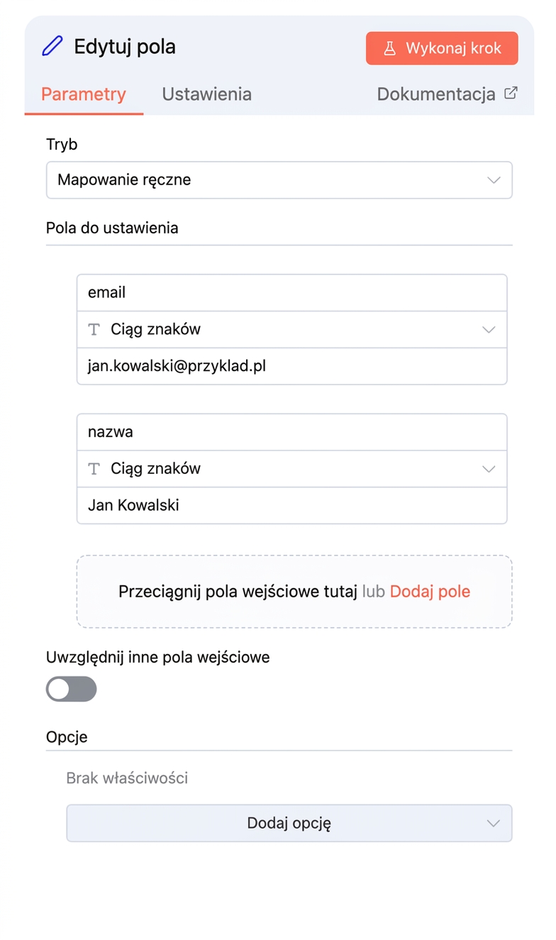 Węzeł Edit Fields