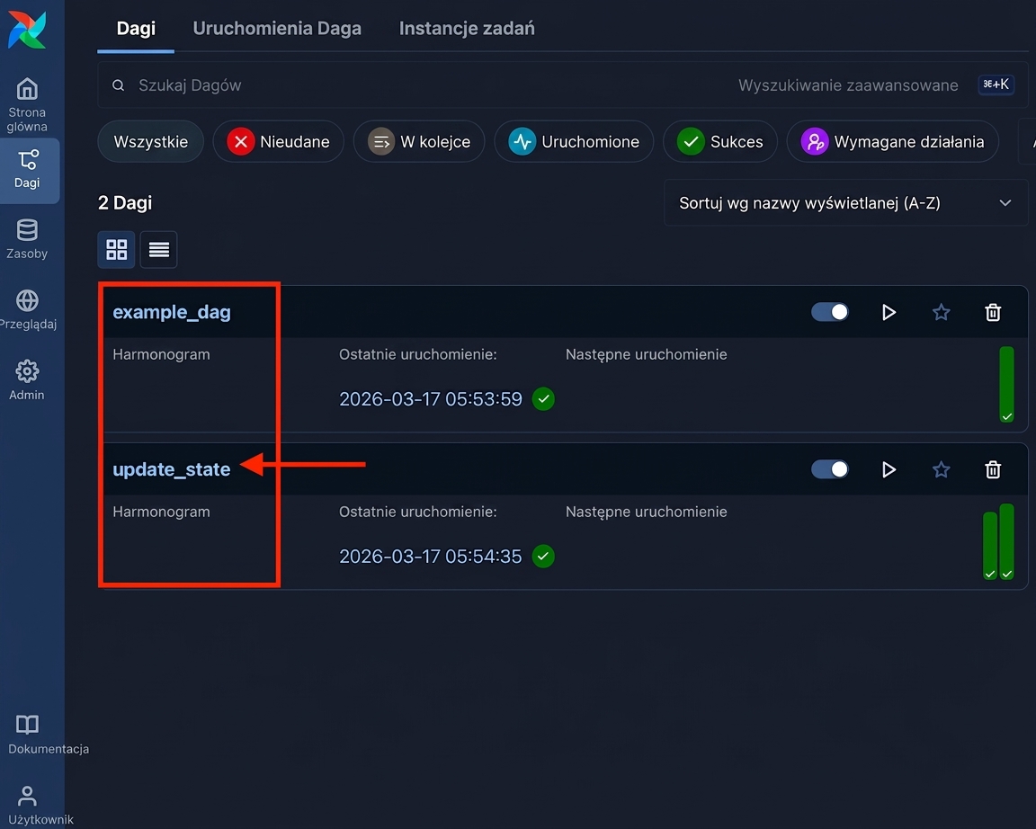 Widok DAG-ów Airflow z wyróżnionym linkiem do DAG-u update_state