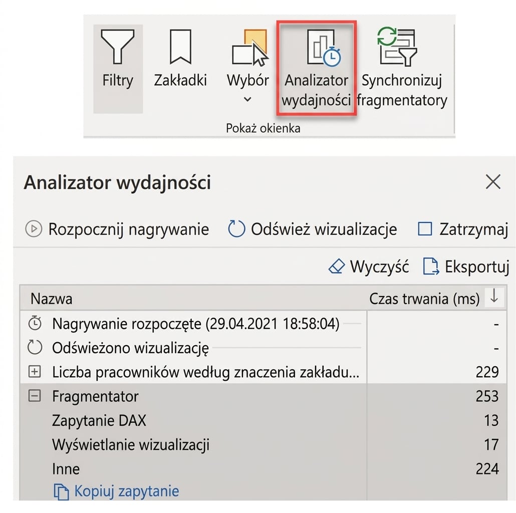Zrzuty ekranu analizatora wydajności w Power BI