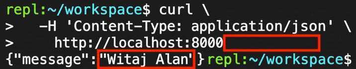Terminal z żądaniem curl bez podanej nazwy. Odpowiedź: "Hello Alan."