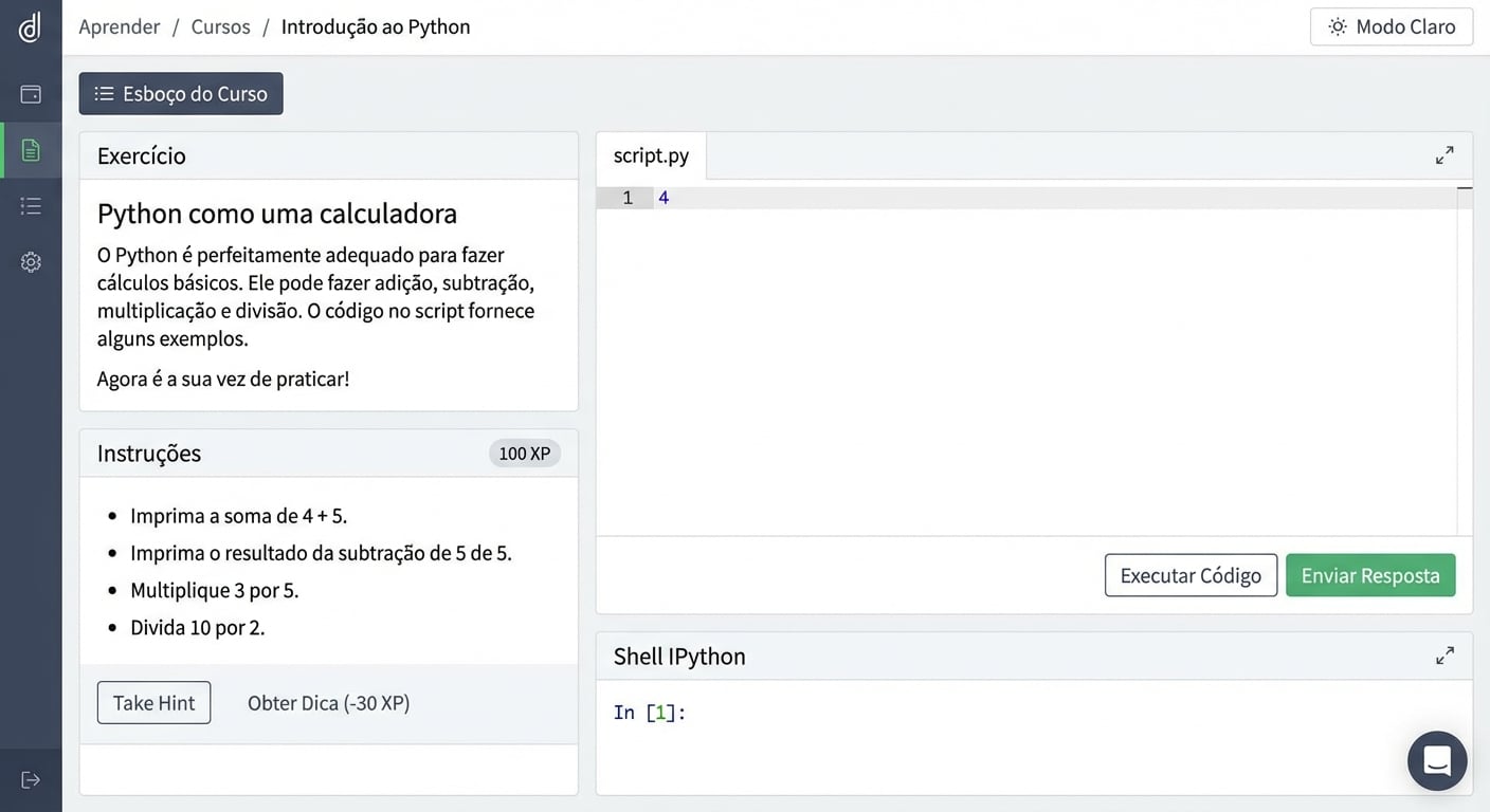 GIF: digitando 4 + 5 no script e clicando em enviar resposta. Nenhuma saída é mostrada.