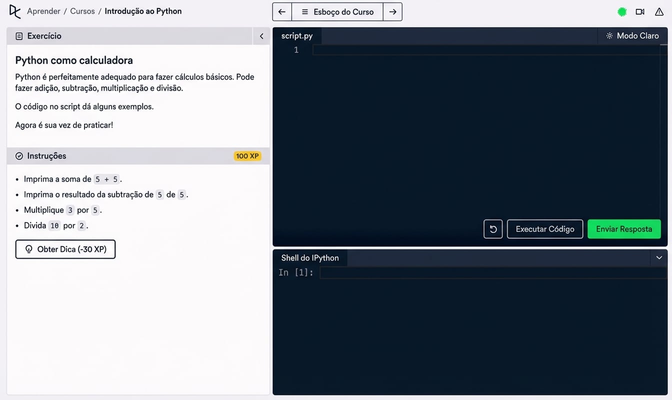 Cálculos no shell IPython do DataCamp