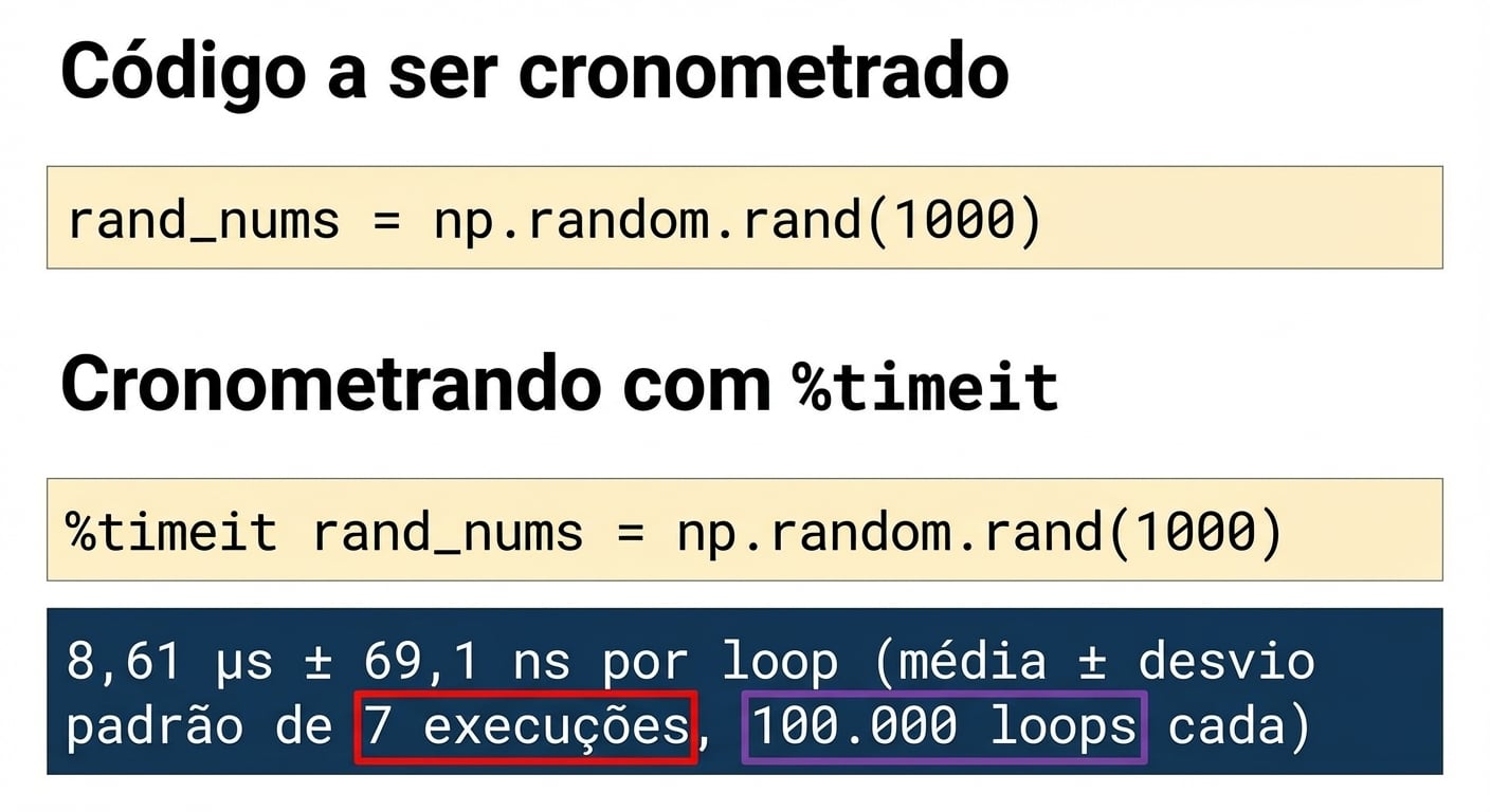 alt="Saída do comando mágico timeit com número de execuções e de loops destacados"