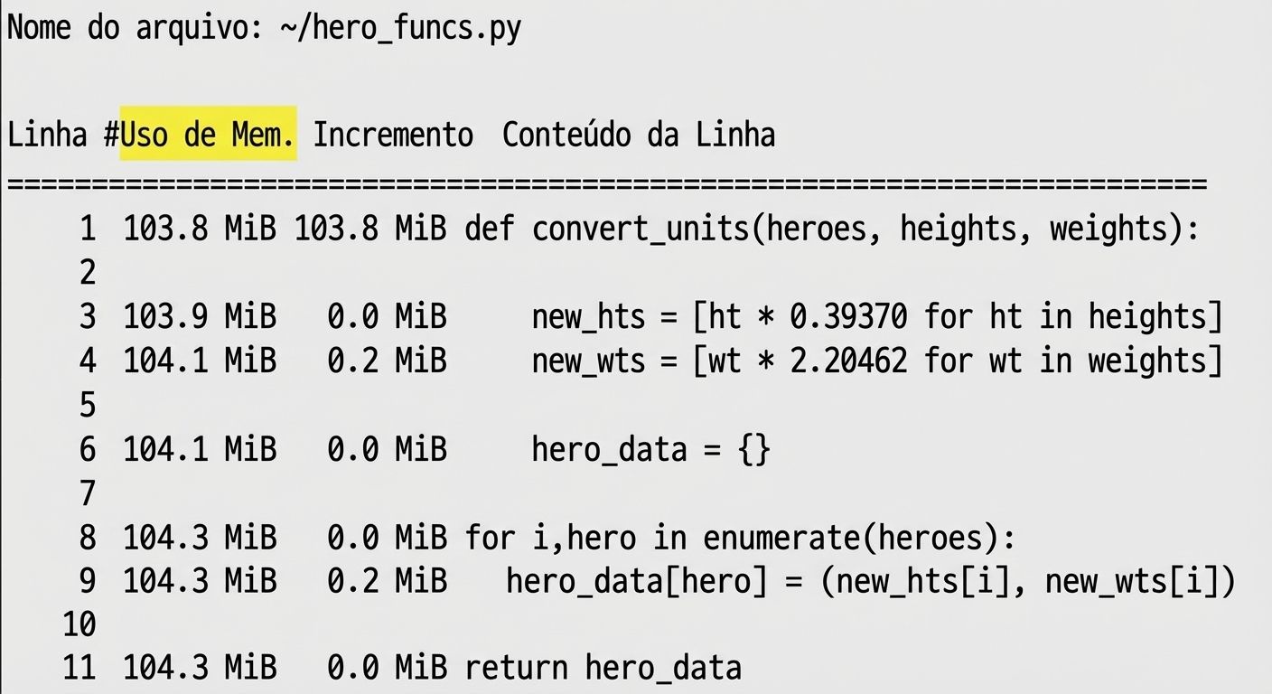 alt=”Saída tabular do comando mágico mprun resumindo estatísticas de perfil de uso de memória, com a coluna Mem usage destacada”