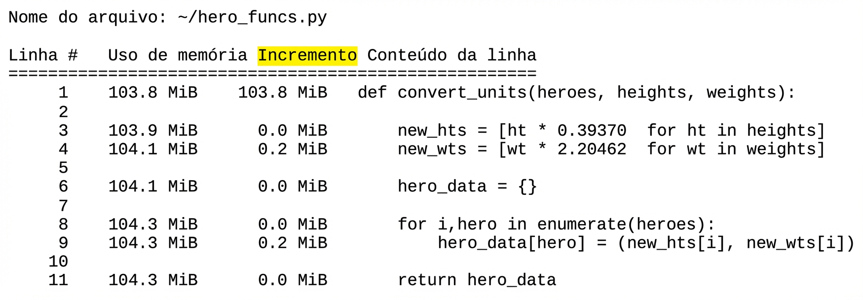 alt=”Saída tabular do comando mágico mprun resumindo estatísticas de perfil de uso de memória, com a coluna Increment destacada”
