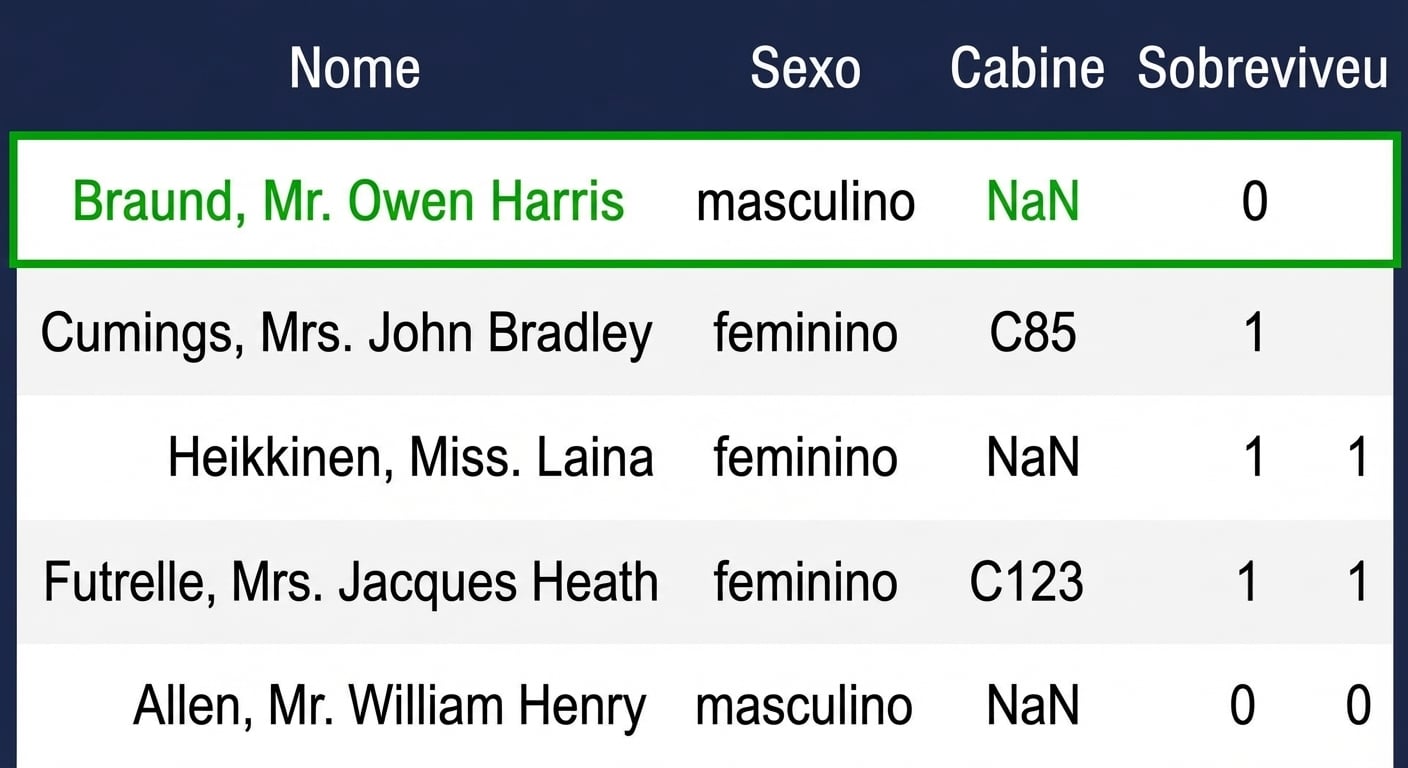 titanic.csv com uma linha destacada