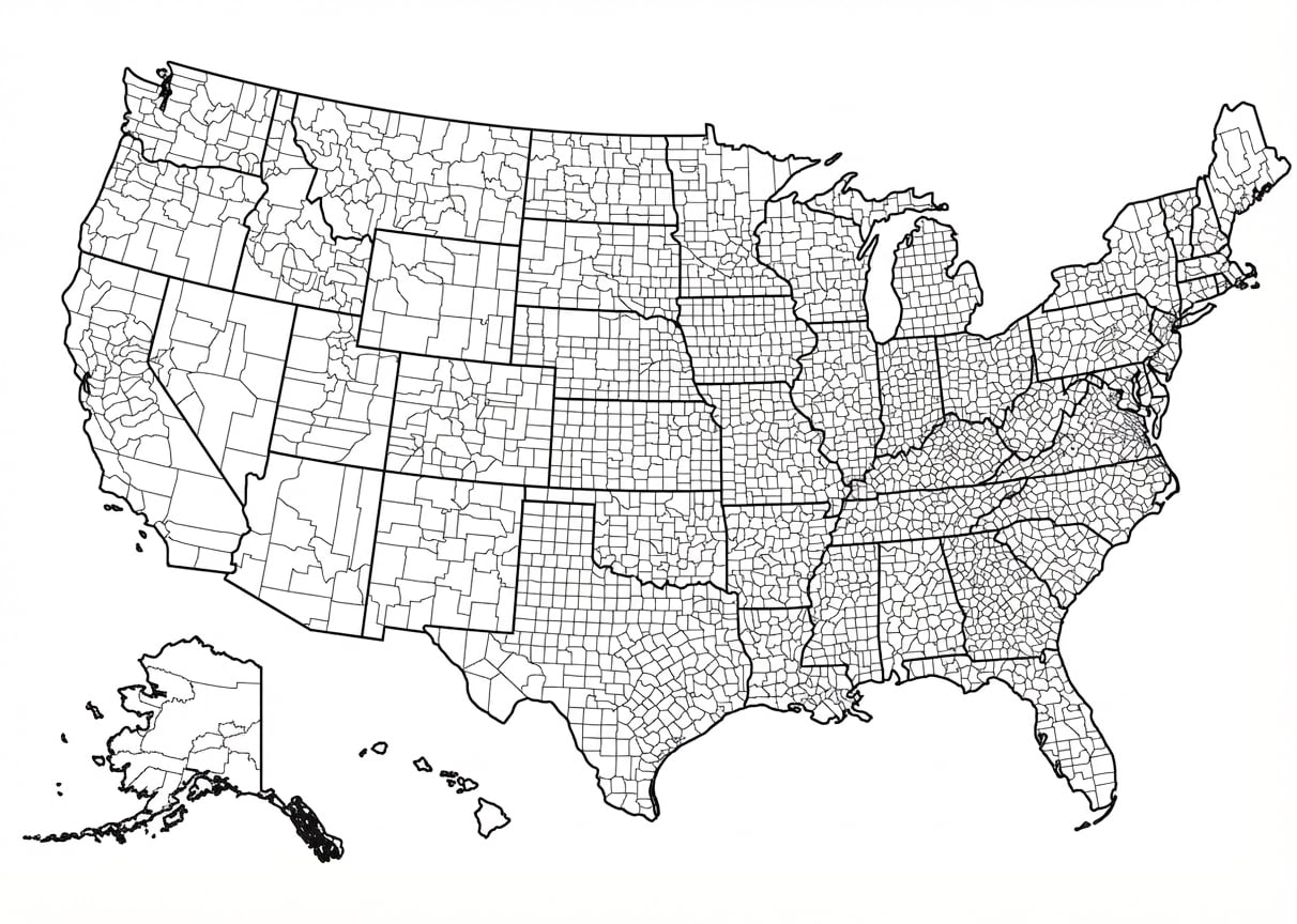 Mapa dos condados dos Estados Unidos.