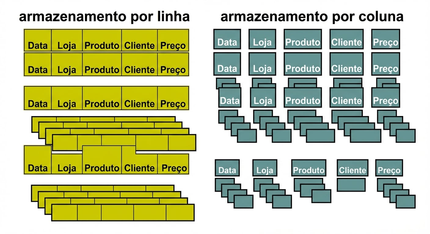 Diagrama comparando o armazenamento em linha e em coluna