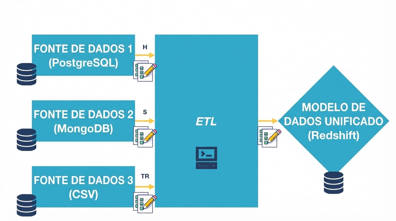 Diagrama ETL com ícones de teste em cada fase