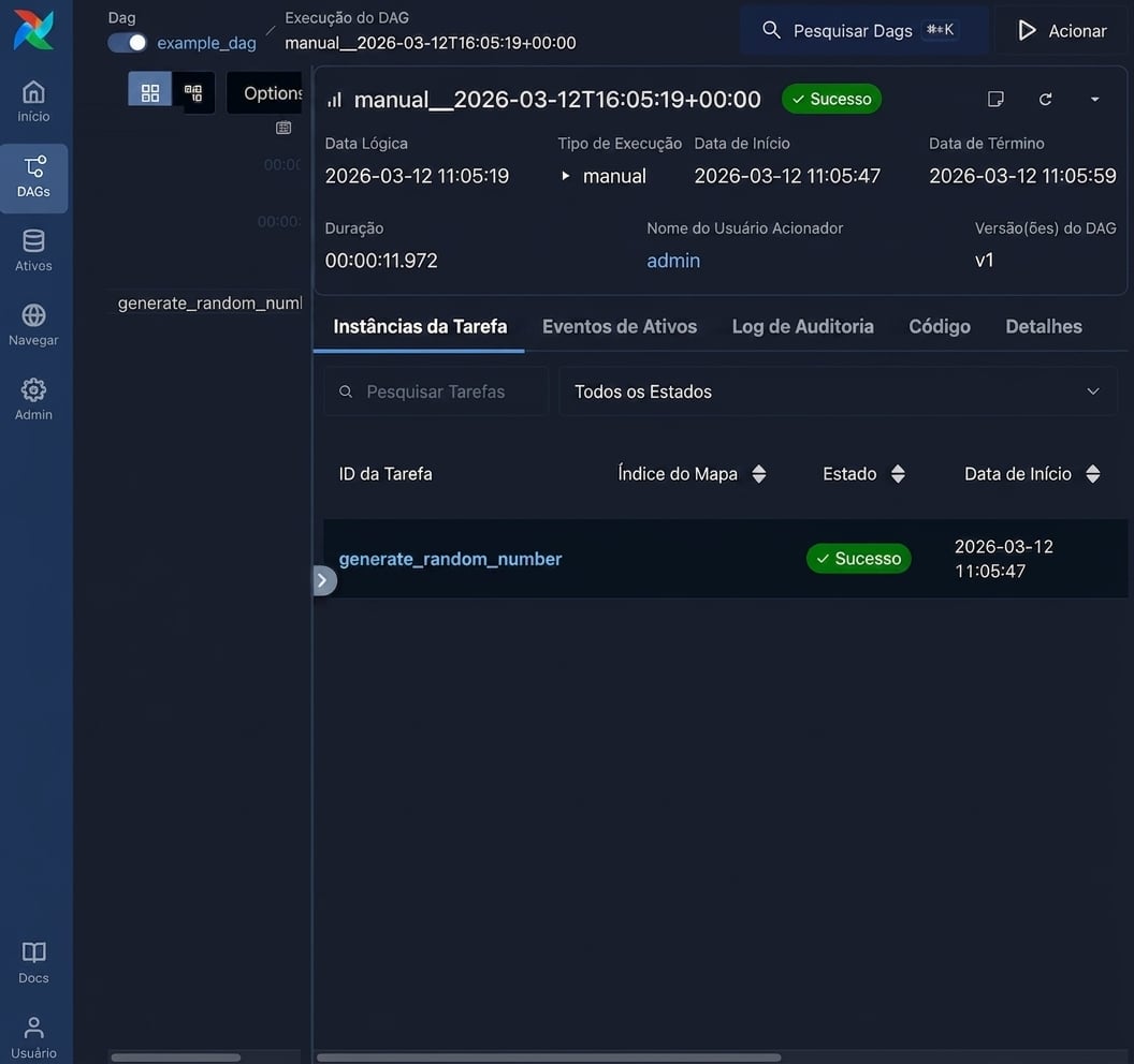 Visão de tarefas da execução do DAG no Airflow listando detalhes como generate_random_number