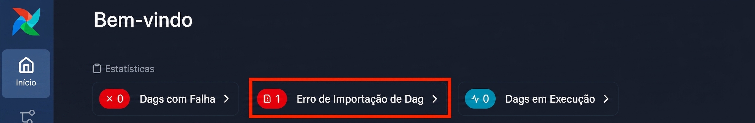 Página de boas-vindas do Airflow mostrando um alerta de erro de importação de Dag