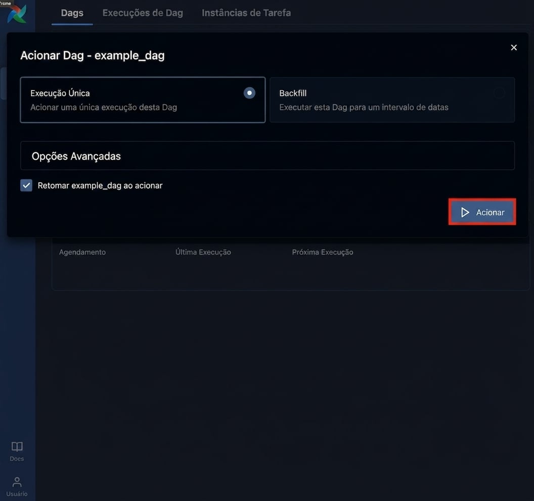 Popup de disparo de DAG do Airflow com opções padrão e botão Trigger