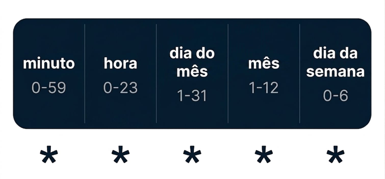 Diagrama da sintaxe cron mostrando seus cinco campos de tempo separados por espaço