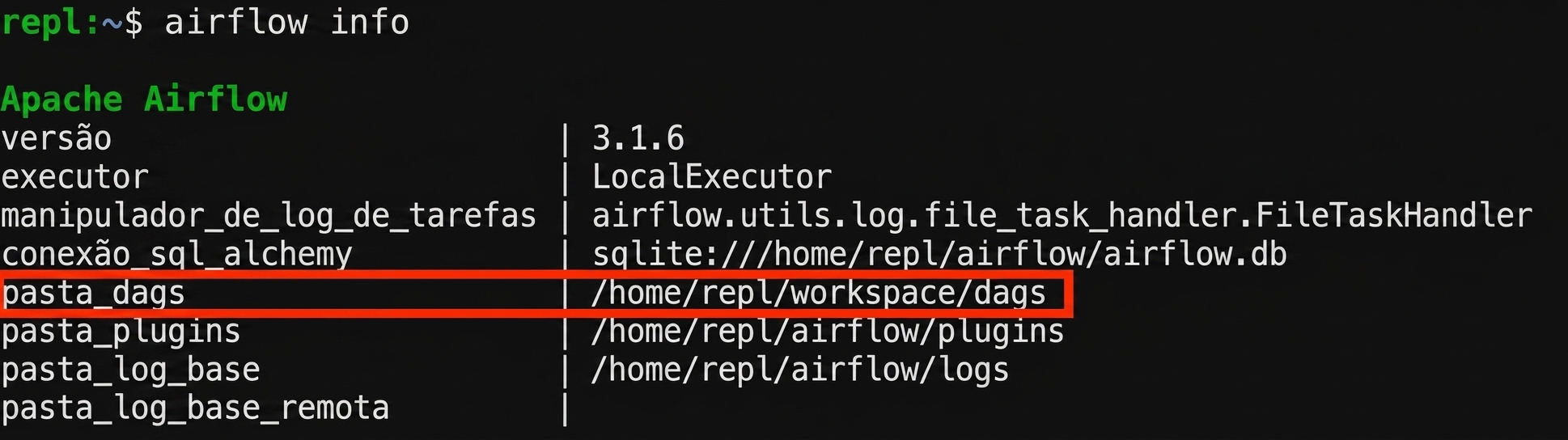 Saída do terminal de airflow info destacando o caminho de dags_folder