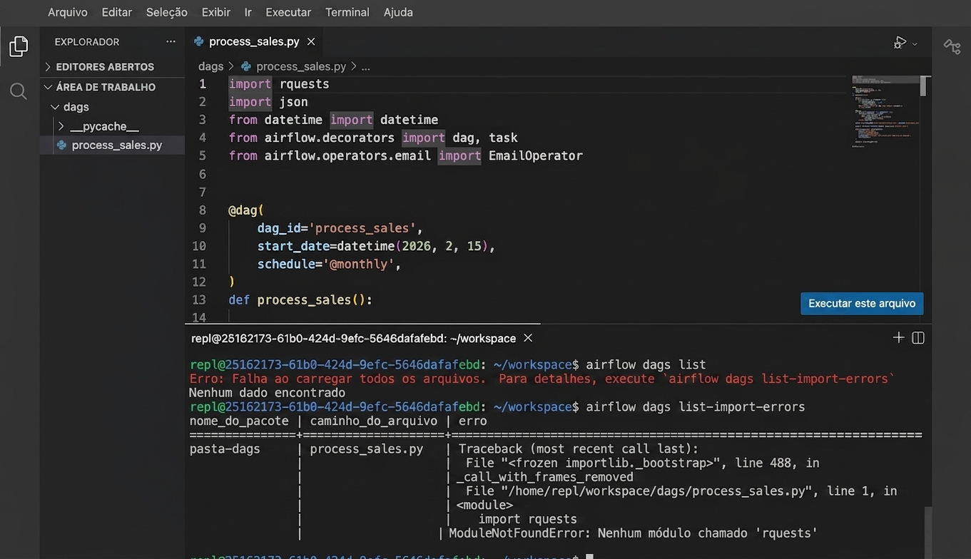 Saída do terminal de airflow dags list-import-errors mostrando um erro