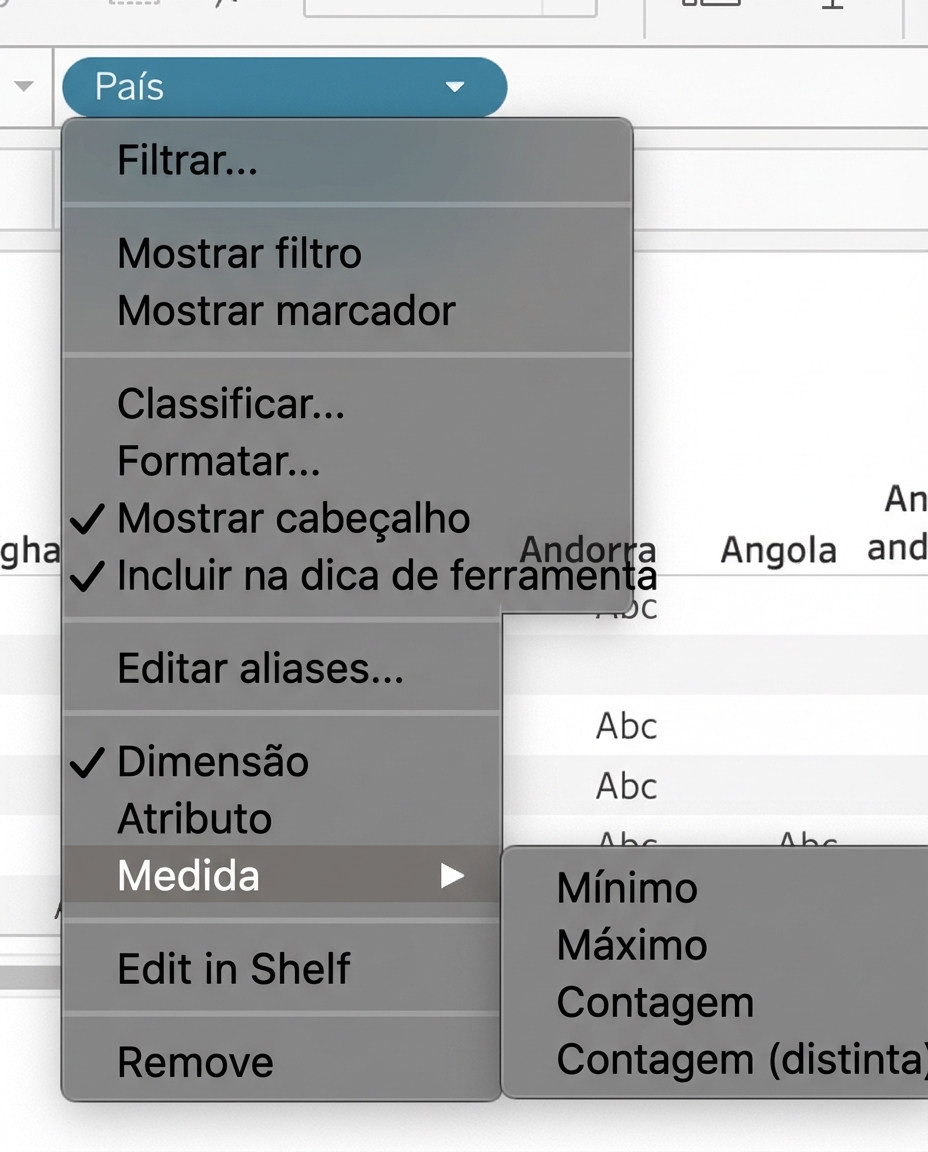 Menu do Tableau para agregar dimensões