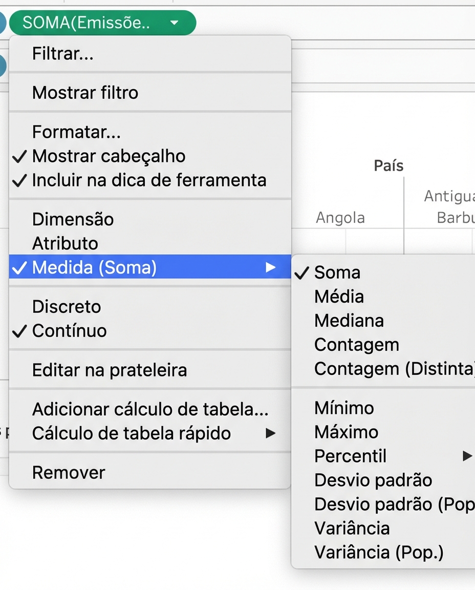 Menu do Tableau para agregar medidas